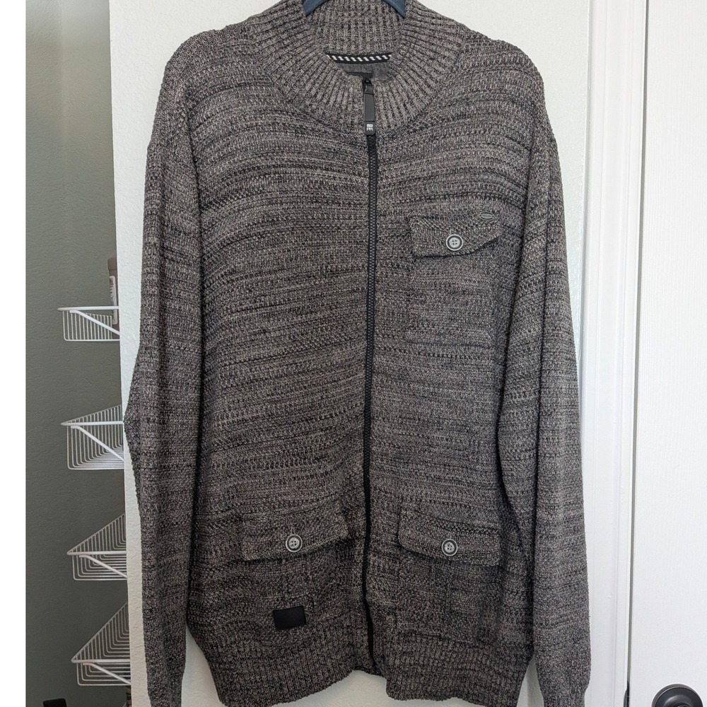 Projek Raw Mens XXL Full Zip Cardigan Sweater Gray Marl Mock Neck Pockets 135873